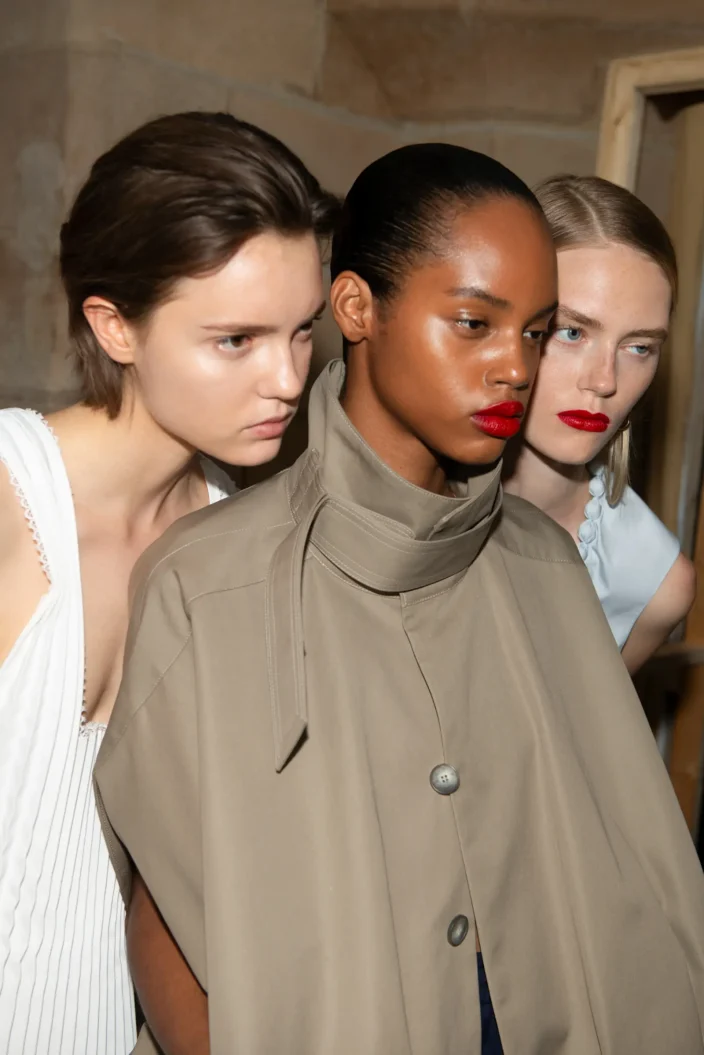 Three models at Victoria Beckham SS27 show PFW.