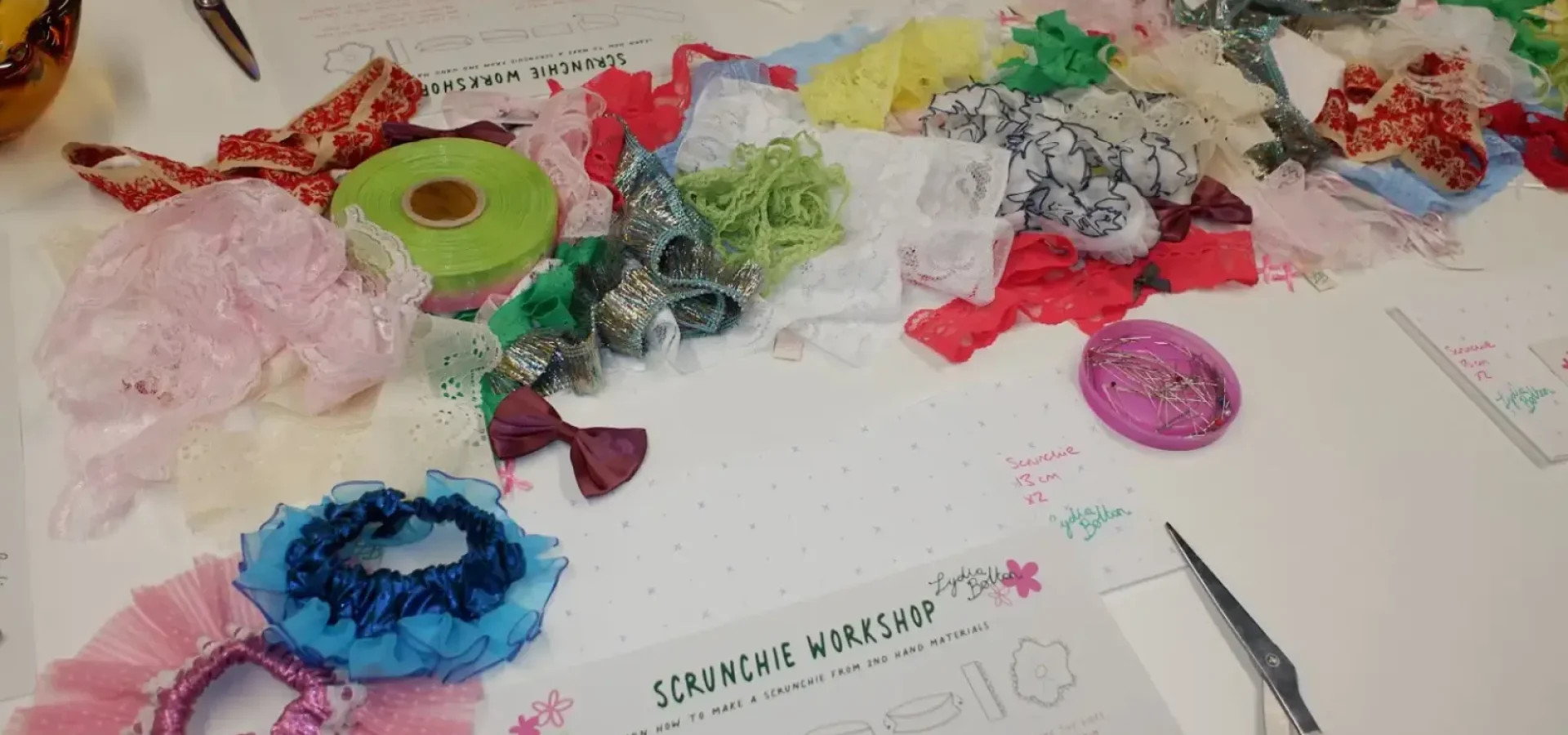 Upcycled scrunchies on a table.