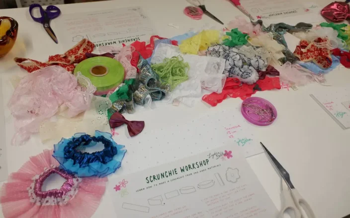 Upcycled scrunchies on a table.