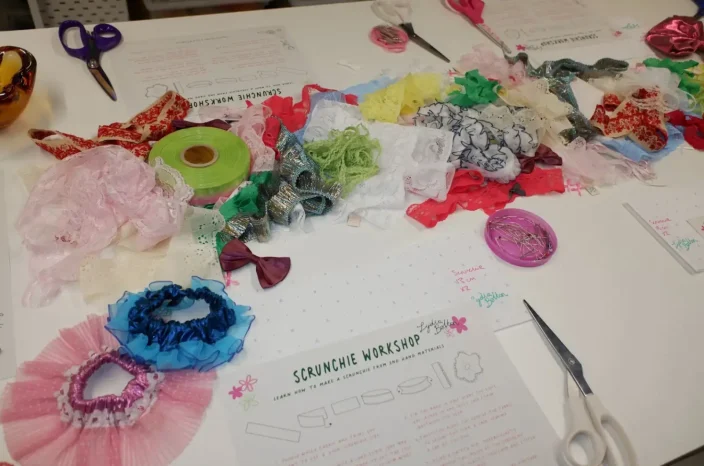 Upcycled scrunchies on a table.