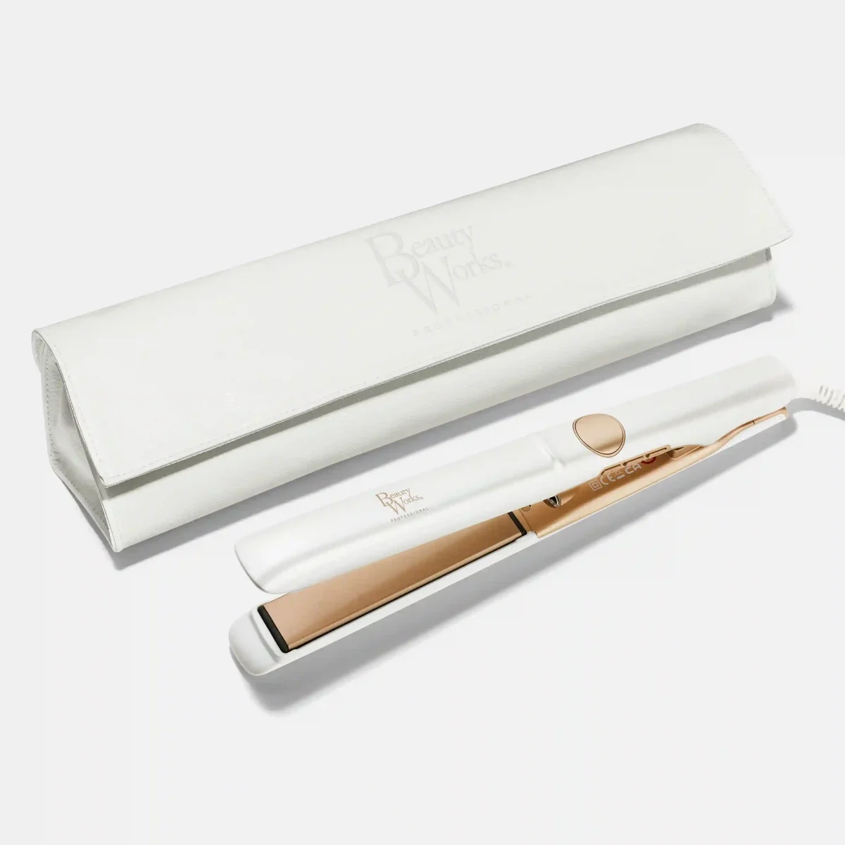 Beauty Works white Straightener with branded carry-case.