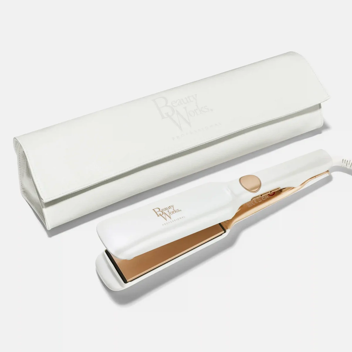 Beauty Works white Wide Plate Straightener with branded carry-case.