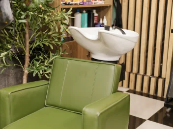 green salon chair by plant in a salon